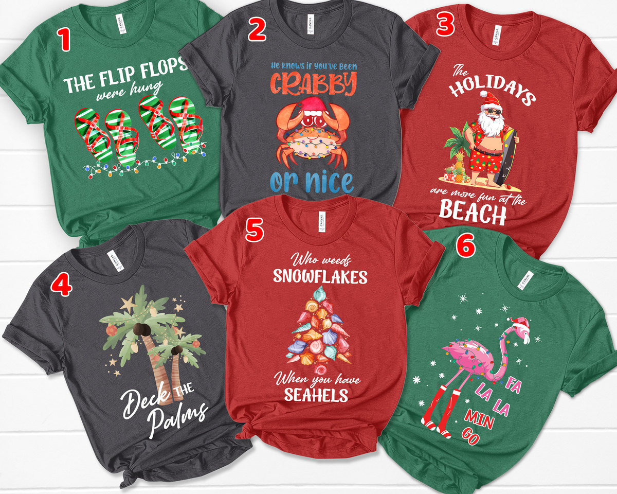 Christmas Family T-Shirt, Personalized Tropical Beach Family Shirt, Christmas Matching Tropical Shirt, X-mas Vacation Family Crew Shirt Gift