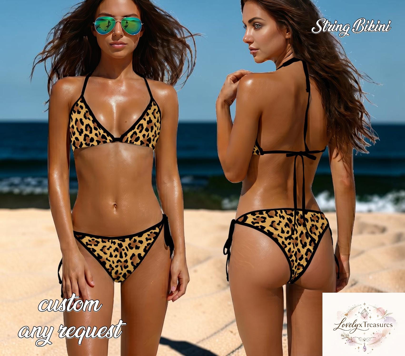Leopard Print Bikini Set, Sexy Animal Print String Bikini, Triangle Tie Side Swimsuit, Hot Summer Beachwear