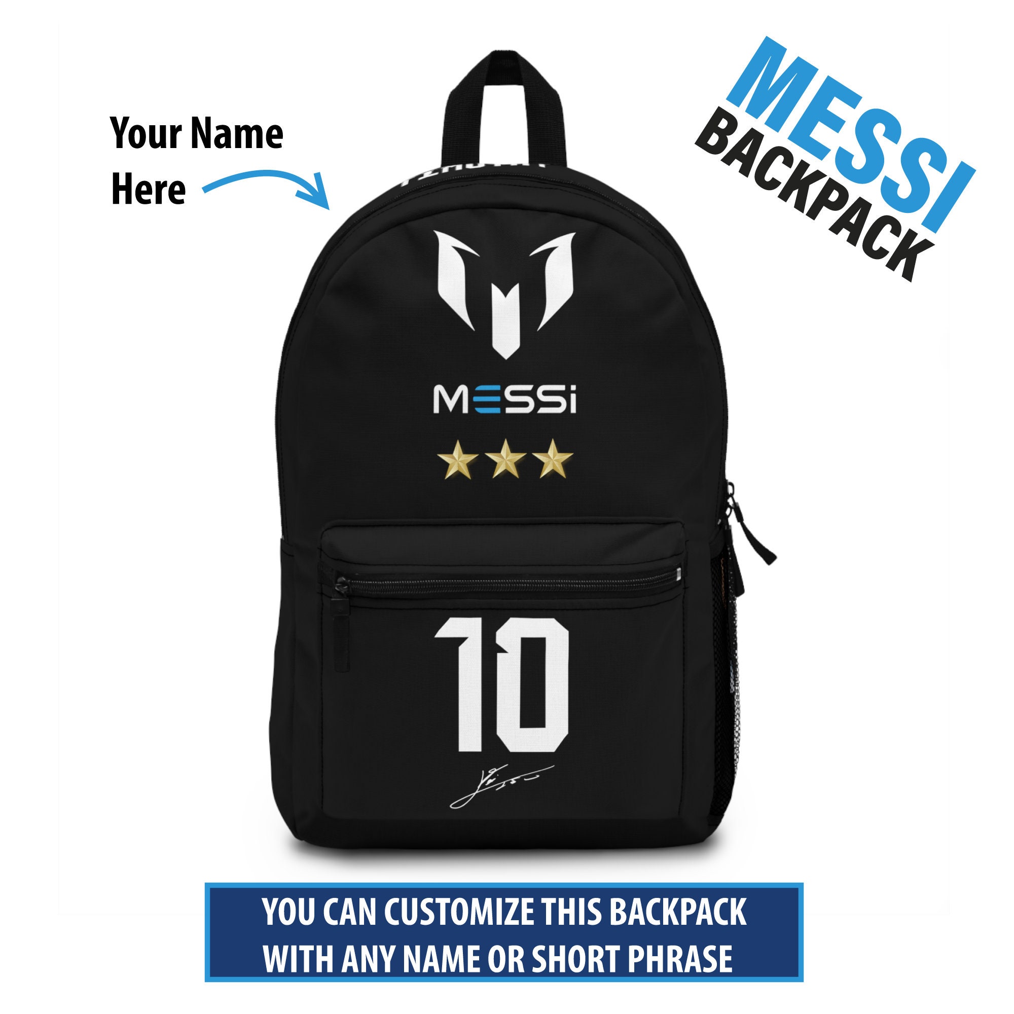 Messi Backpack - Youth Children's Soccer Backpack -Customizable with your name on top of the backpack - Sports School Bag