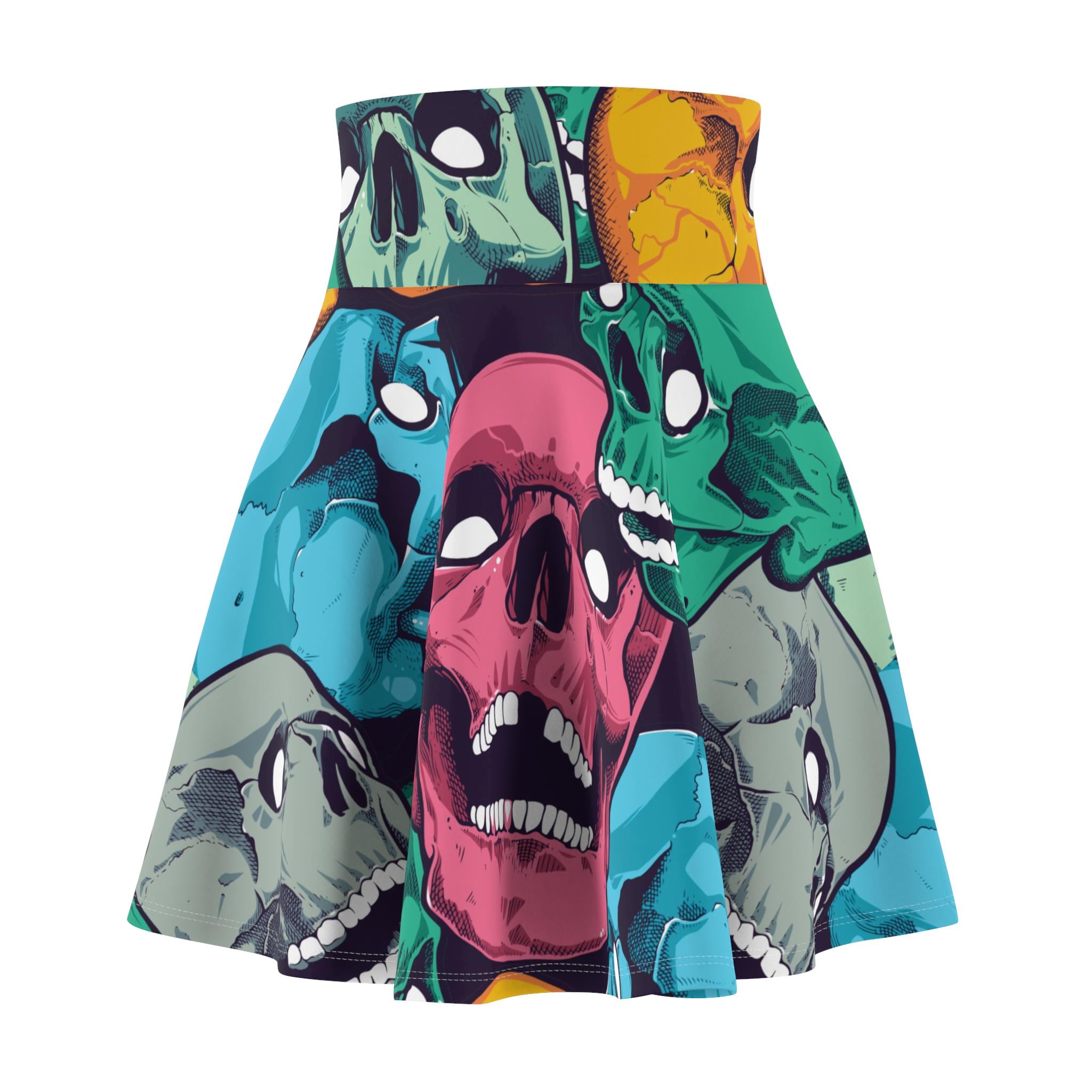 Colorful Skull Print Women's Skater Skirt, Gothic Fashion, Halloween Outfit