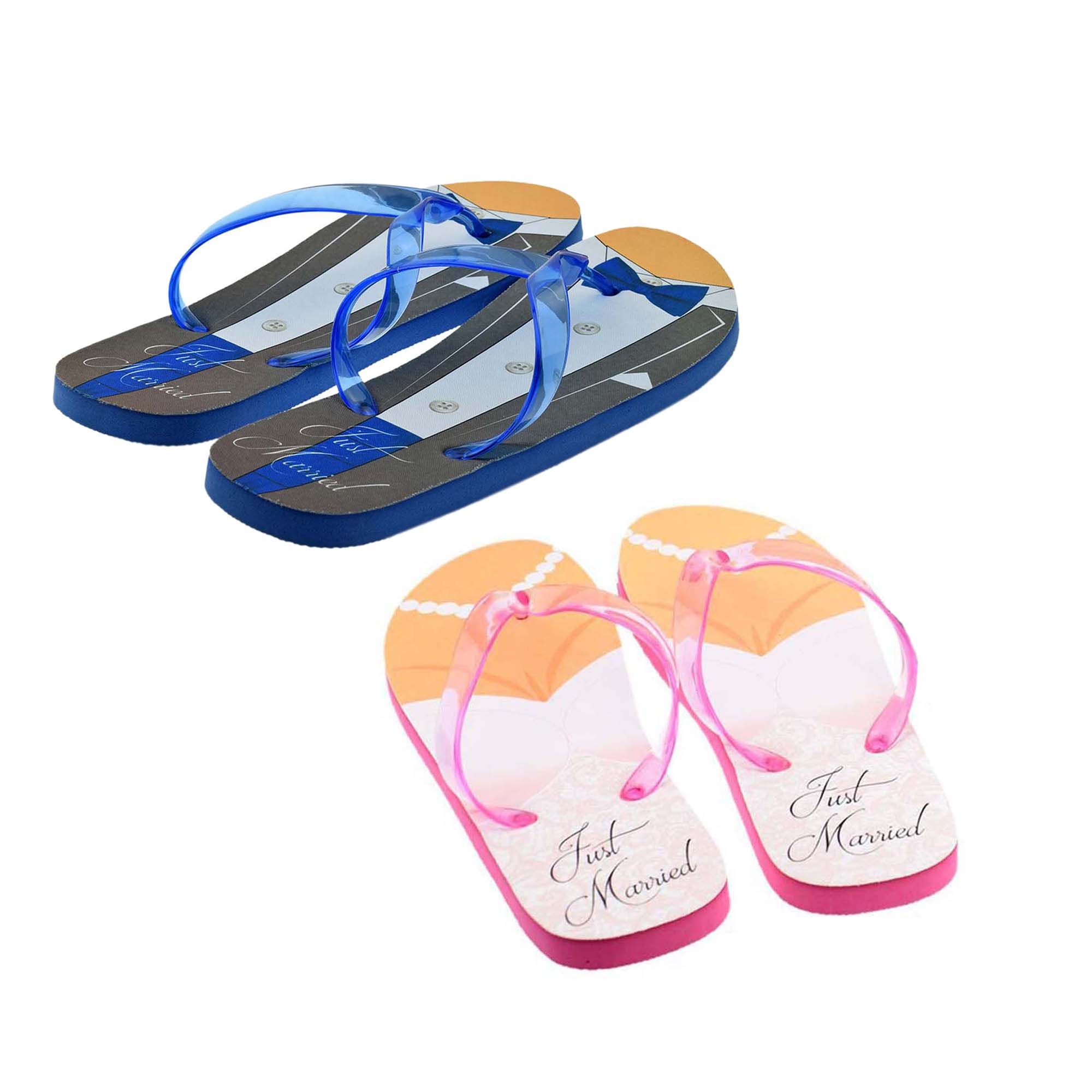 His & Hers Just married Tux and Wedding Dress Design Flip Flops Twin Set with Do Not Disturb Door Hanger