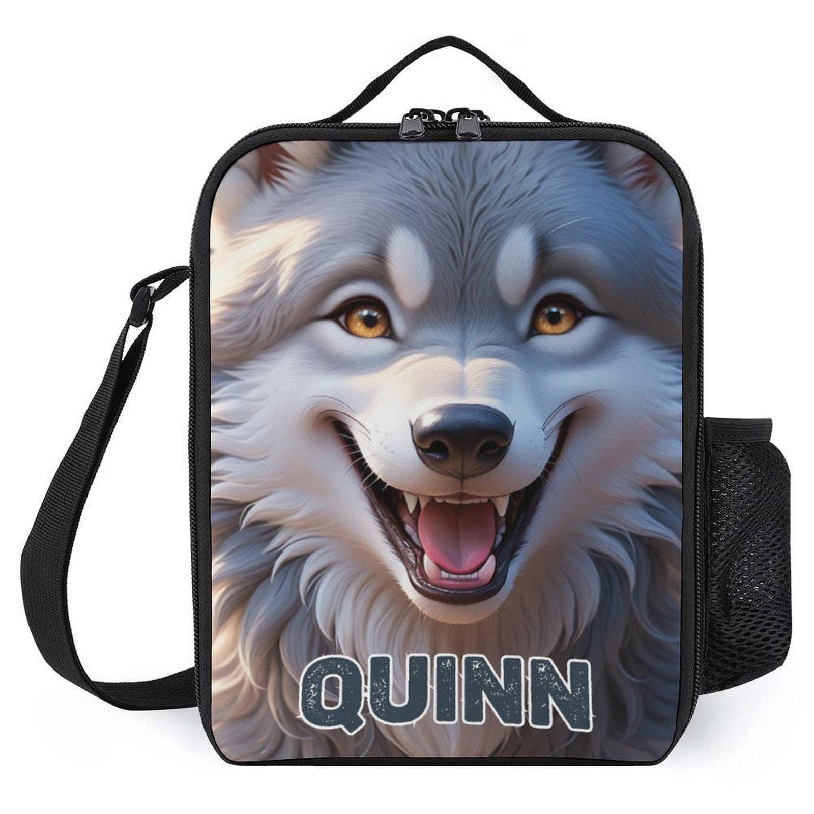 Personalized Wolf Face Up Close Lunch Bag for School Camp Boys & Girls