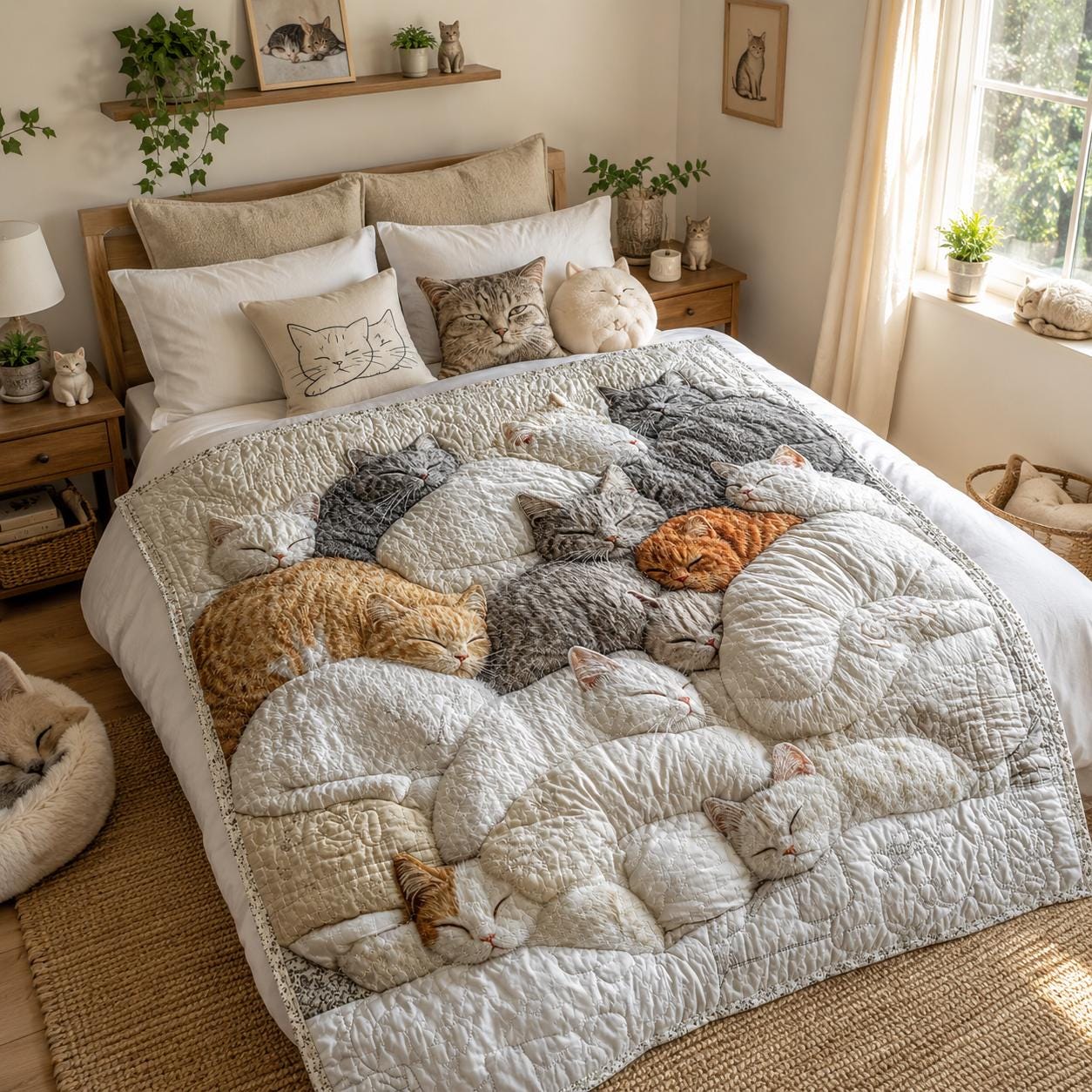 Sleeping Cats Quilt Blanket, Soft Kitty Pile Throw, 2D Printed Brushed Fabric Pet Bedding