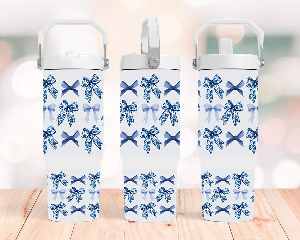 Blue Chinoiserie Bow 30 Oz Flip Straw Tumbler With Handle