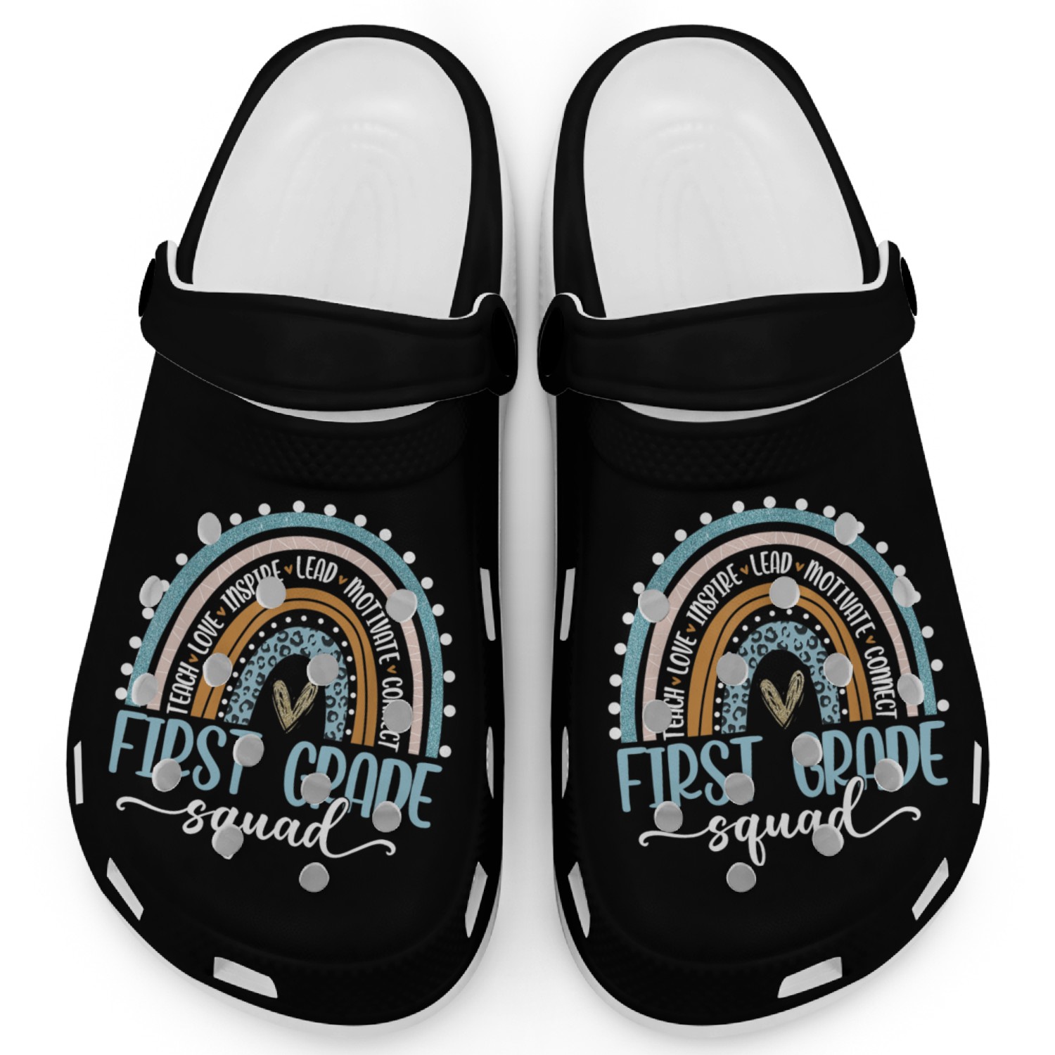 First Grade Squad Rainbow Leopard Teacher Back Clogs