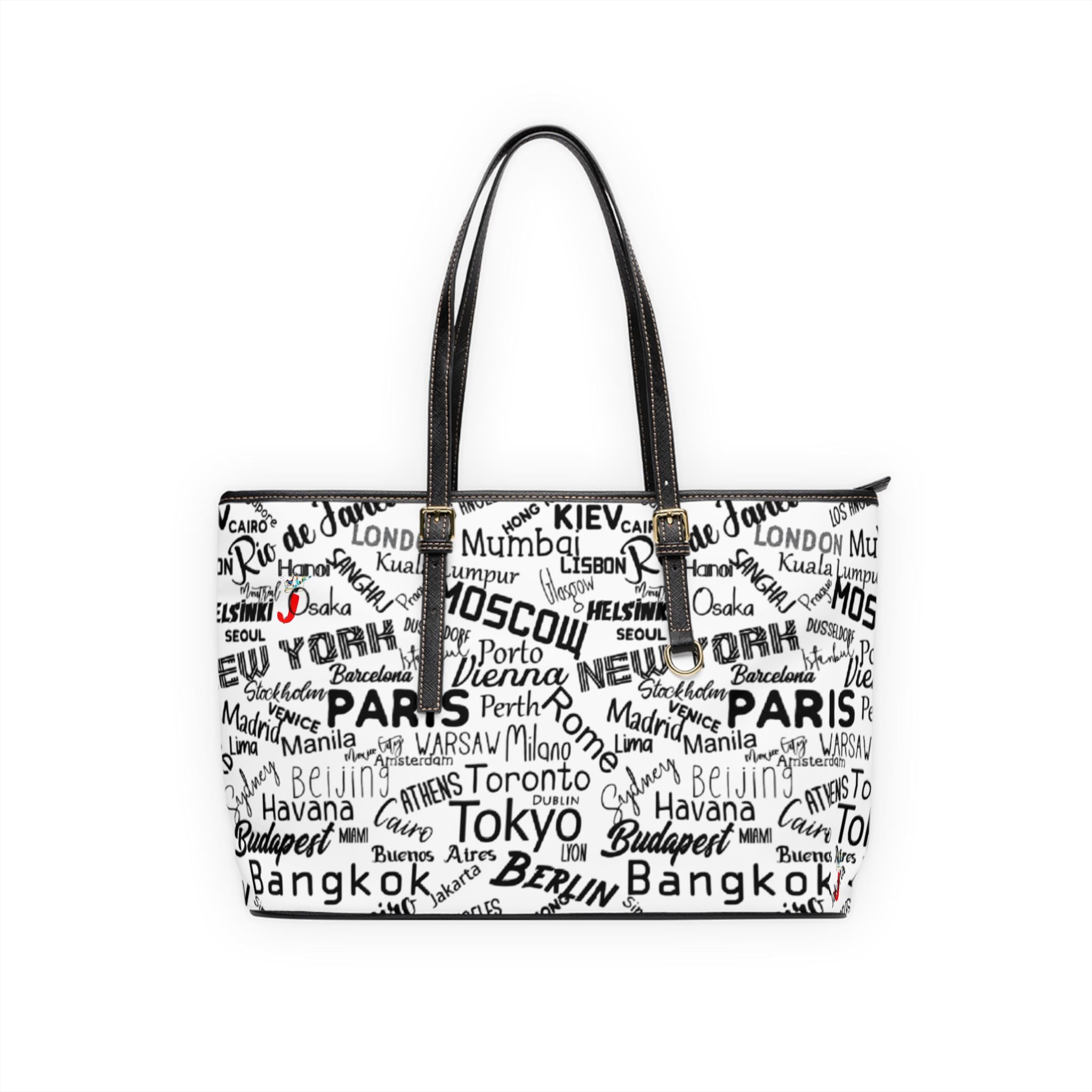 World Cities Typography Leather Tote Bag - Paris Tokyo New York