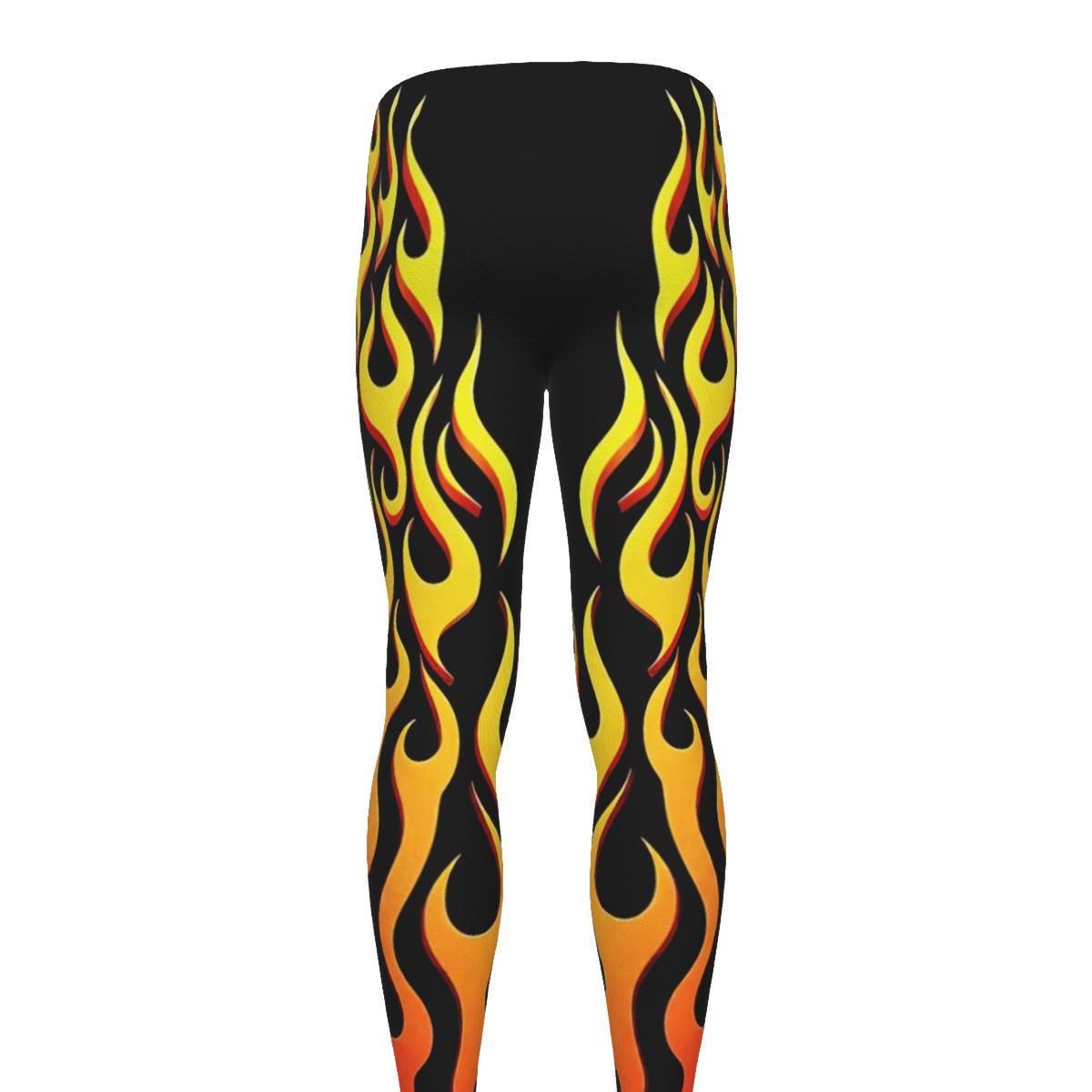 Orange Flames Mens Leggings Red Fire Hot Rod Workout Pants Cycling Athletic Fitness Running Exercise, Steampunk Wrestling