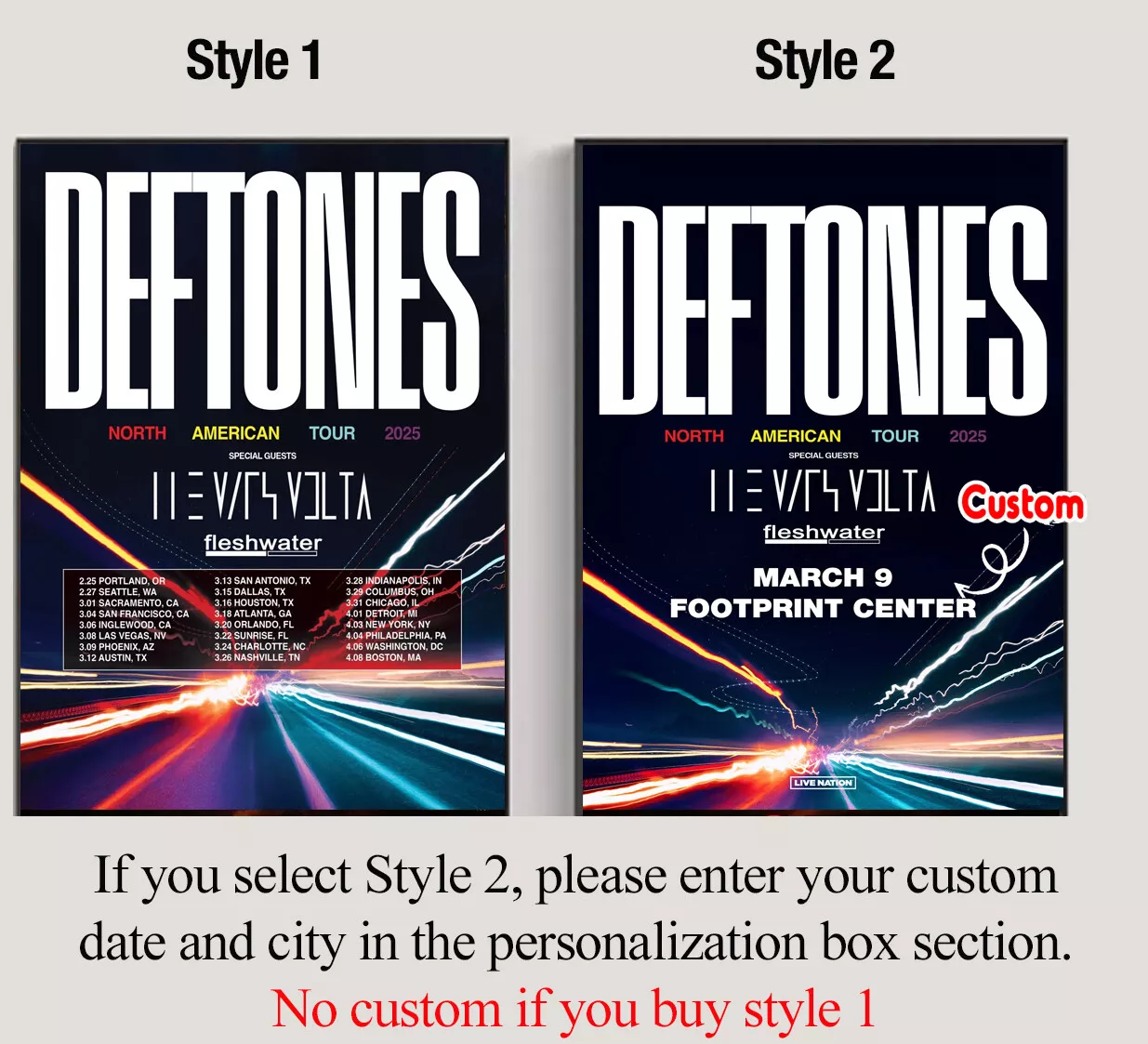 Deftone North American Arena Tour 2025 Tour Poster, Custom date & city