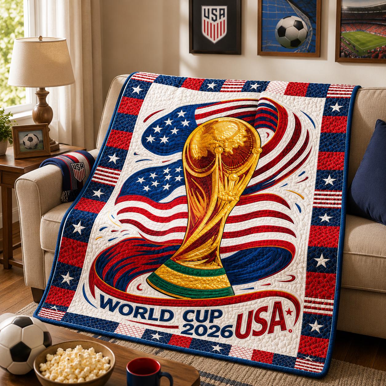 World Cup Quilt Blanket, USA 2026 Soccer Trophy Throw, 2D Printed Patriotic Football Bedding