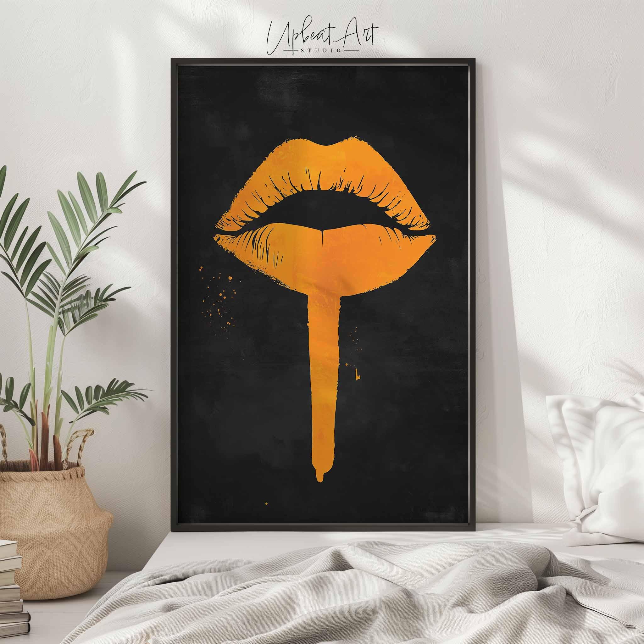 Black and Gold Lips Poster, Luxury Lips Black and Orange Abstract wall art, Elegant Living Room Decor, bold pop art