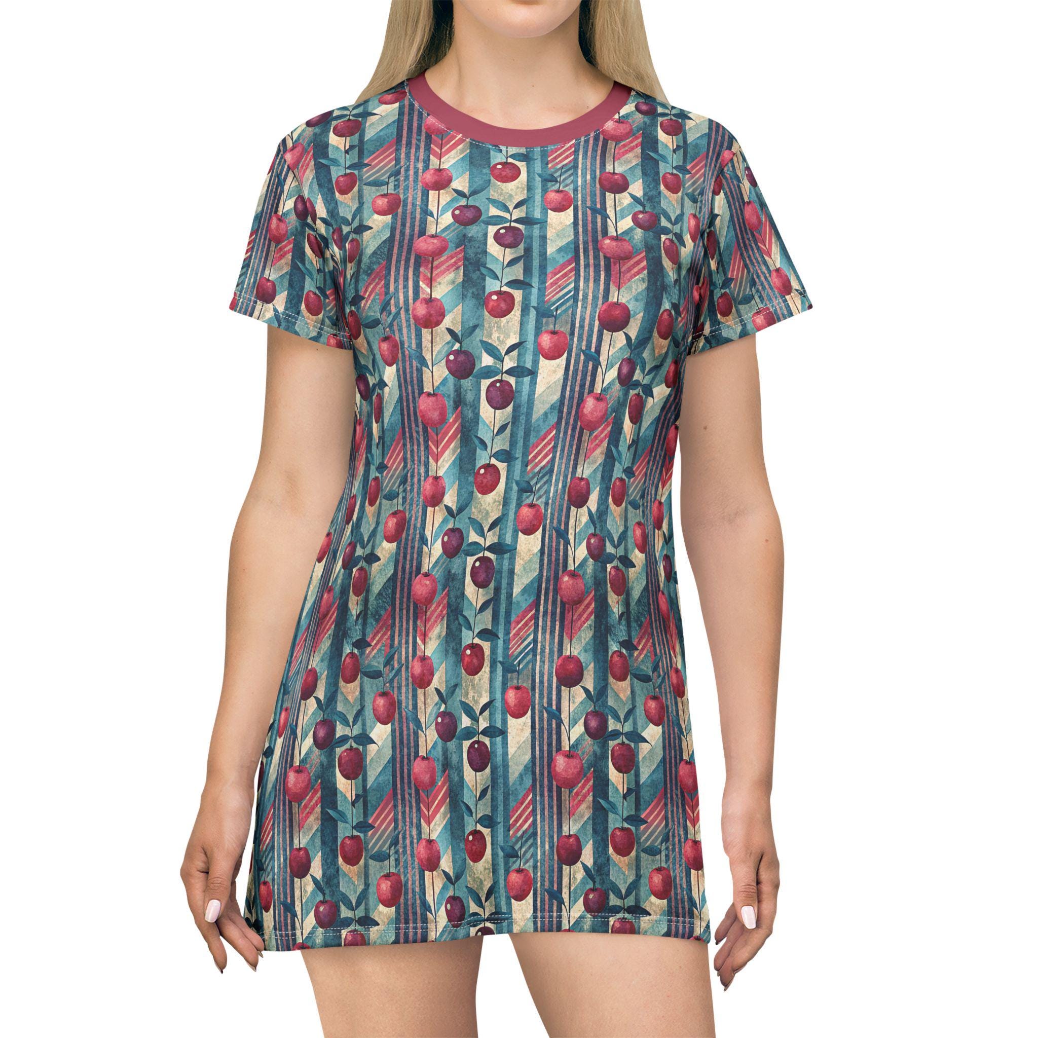 Retro Cherry Print T-Shirt Dress for Women