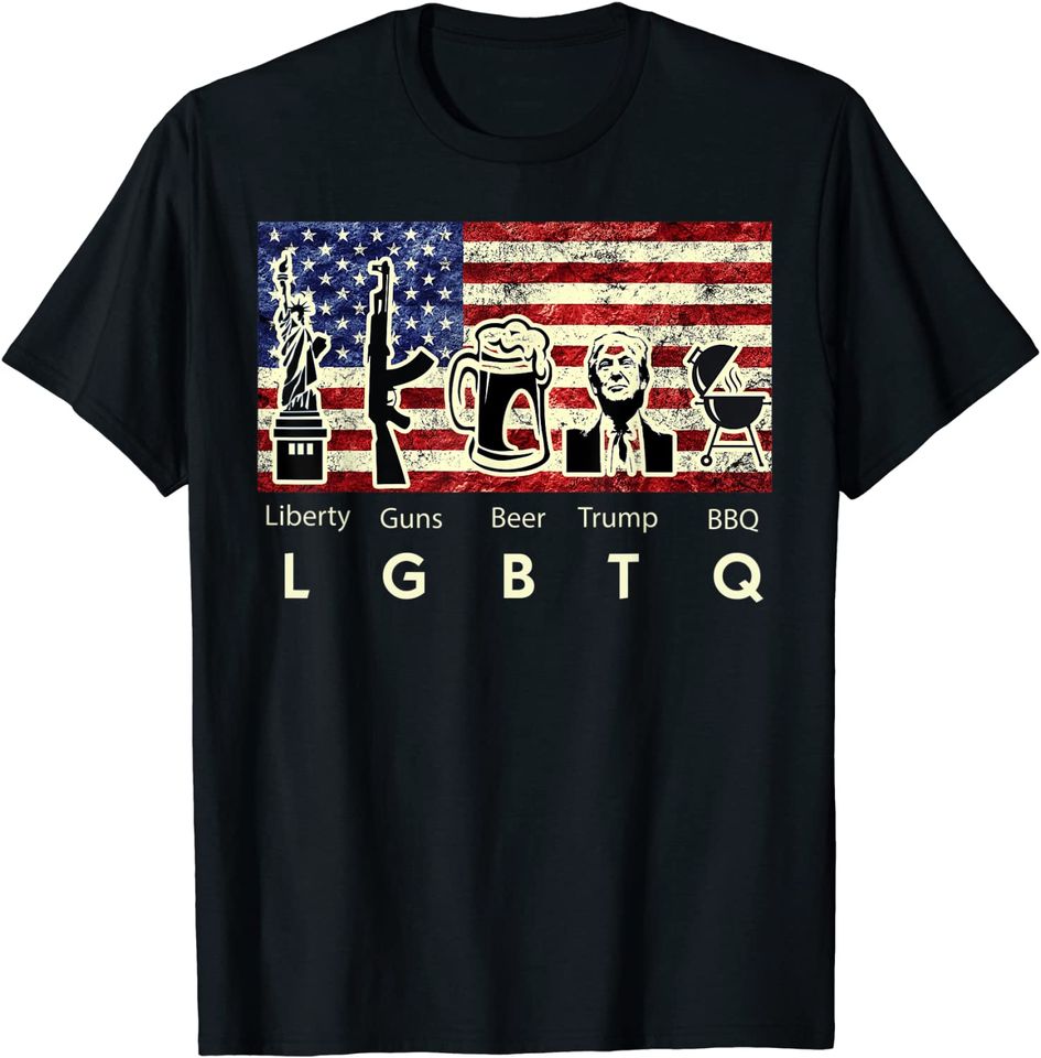 Parody Trump LGBTQ Liberty Guns Beer BBQ American USA Flag T-Shirt