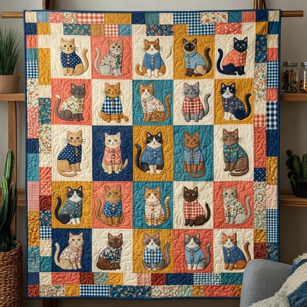 Colorful Cat Patchwork Quilt Blanket for Home & Living