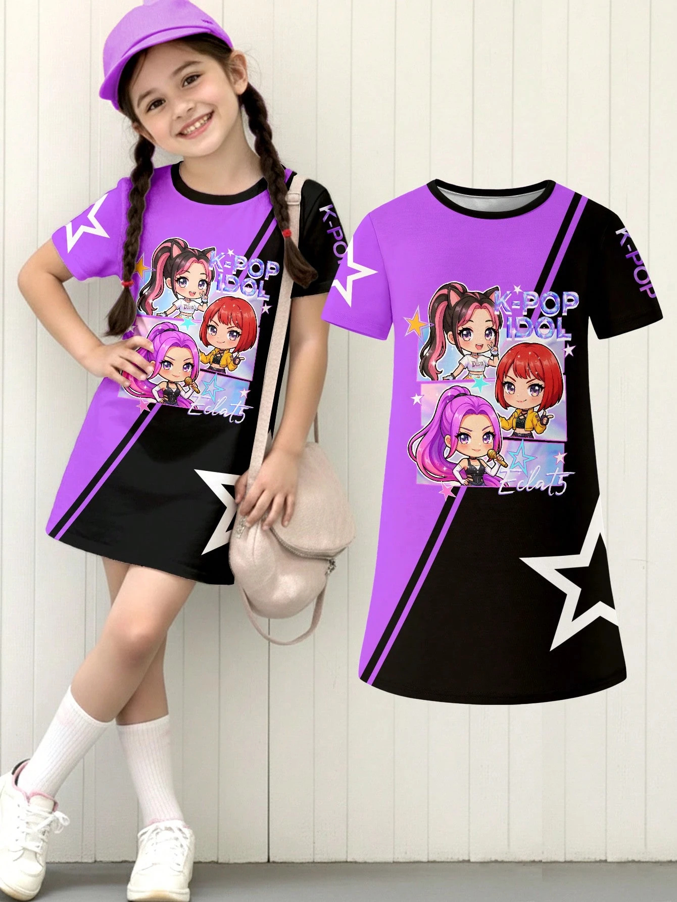 Little Girl Purple Black Split Kpop Idol Chibi Cartoon Star Print Loose T-shirt Dress Children's Summer Dress