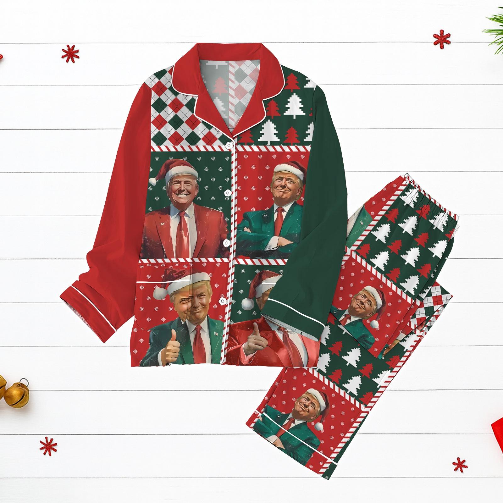 Trump Christmas Pajamas Set, Funny Santa Suit Holiday Sleepwear, Festive Political Xmas PJs Gift, Funny Trump Santa Pjs Gift