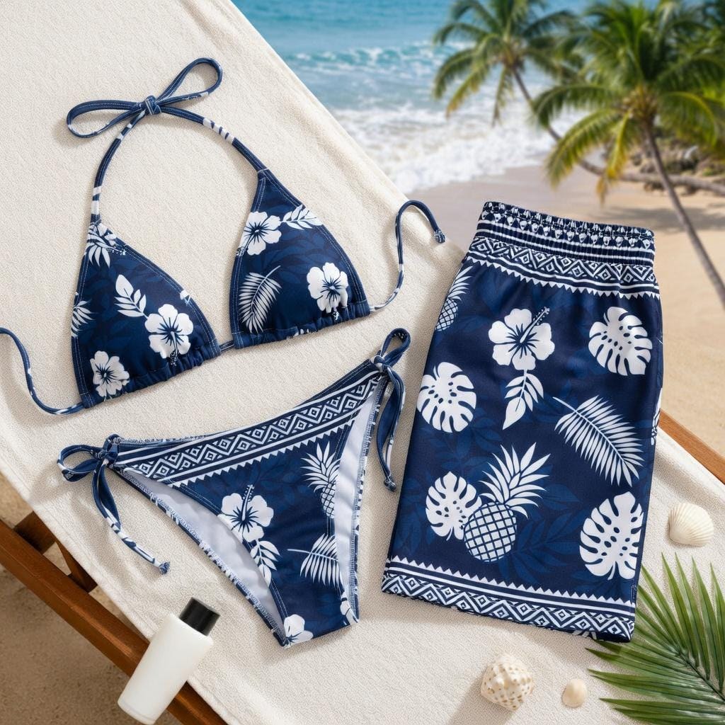 Blue Tropical Women's Sling Bikini Set, Summer Vacation Swimwear