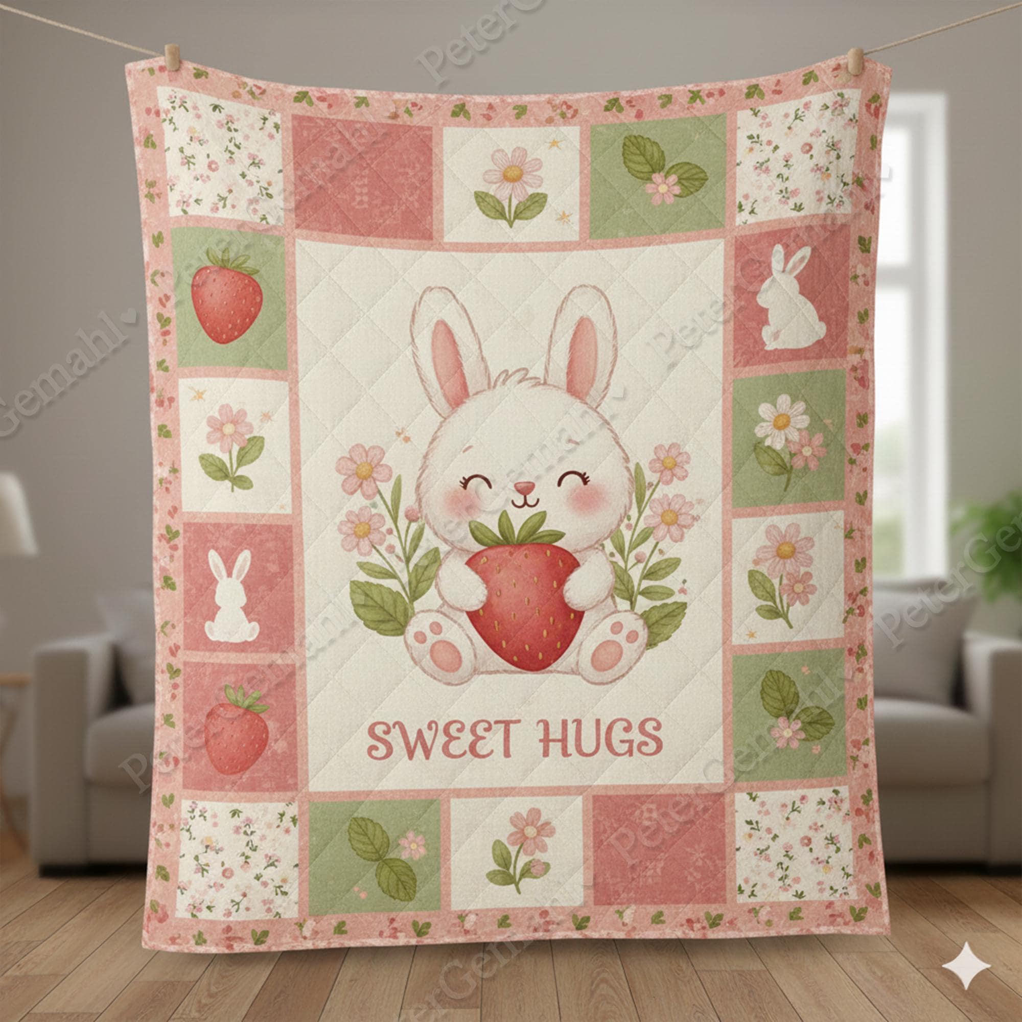 Bunny Strawberry Quilt Blanket, Cute Cartoon, Kids Room Bedding, Cozy Bunny Blanket, Strawberry Animal Quilt, Kids Gift