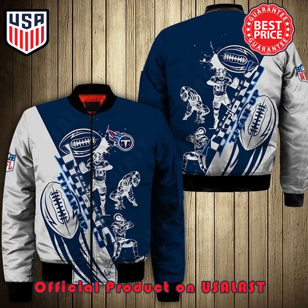 TENNESSEE TITANS ATHLETE BALL STAR PATTERN BOMBER JACKET – BLUE AND WHITE