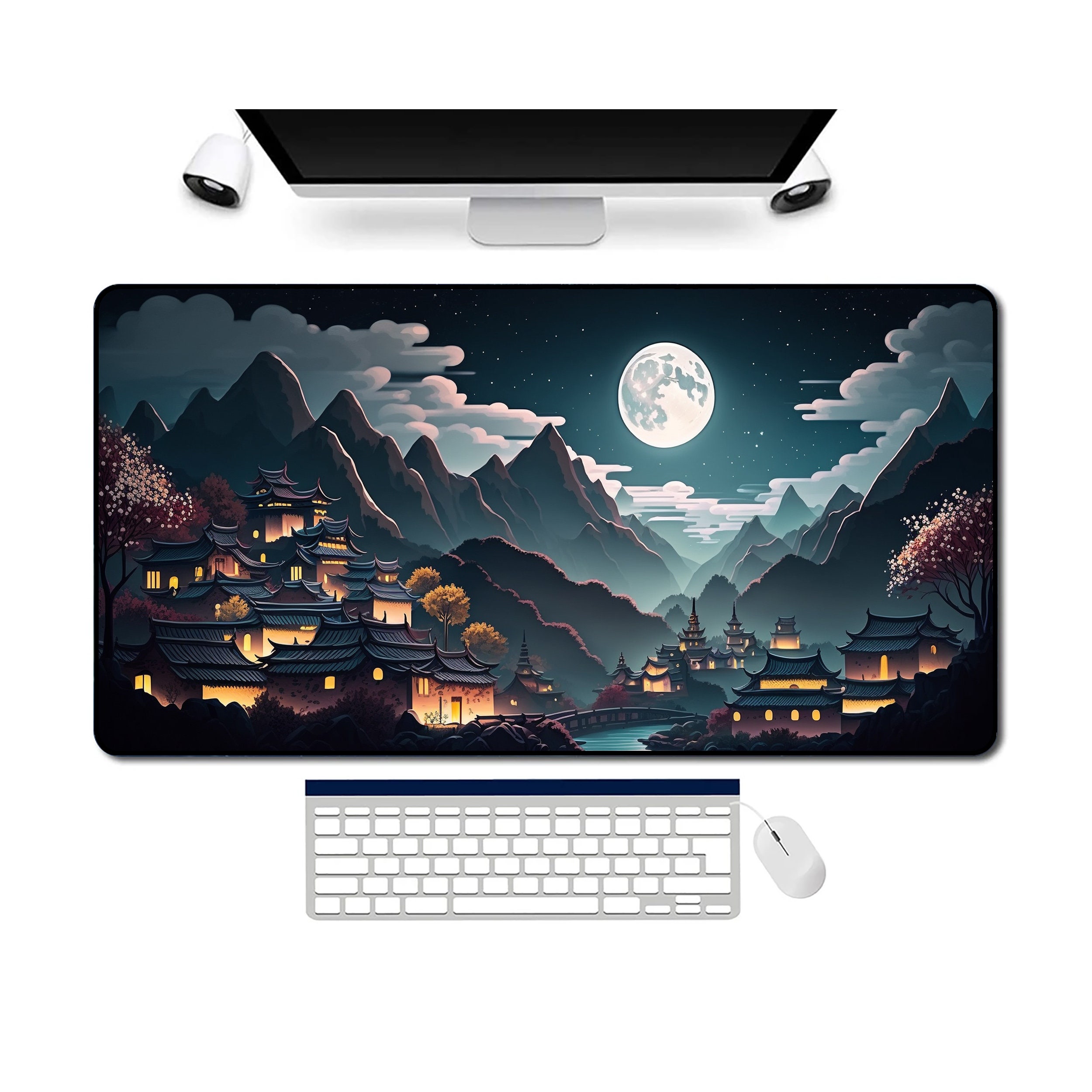 Fantasy China Desk Mat, Chinese Mountain & Village Mousepad, XL Desk Decor for Home & Office