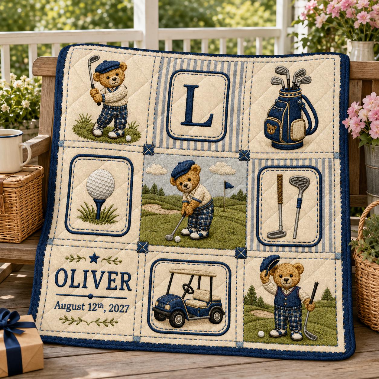 Personalized Golf Baby Quilt Blanket, Custom Name Teddy Bear Nursery Keepsake