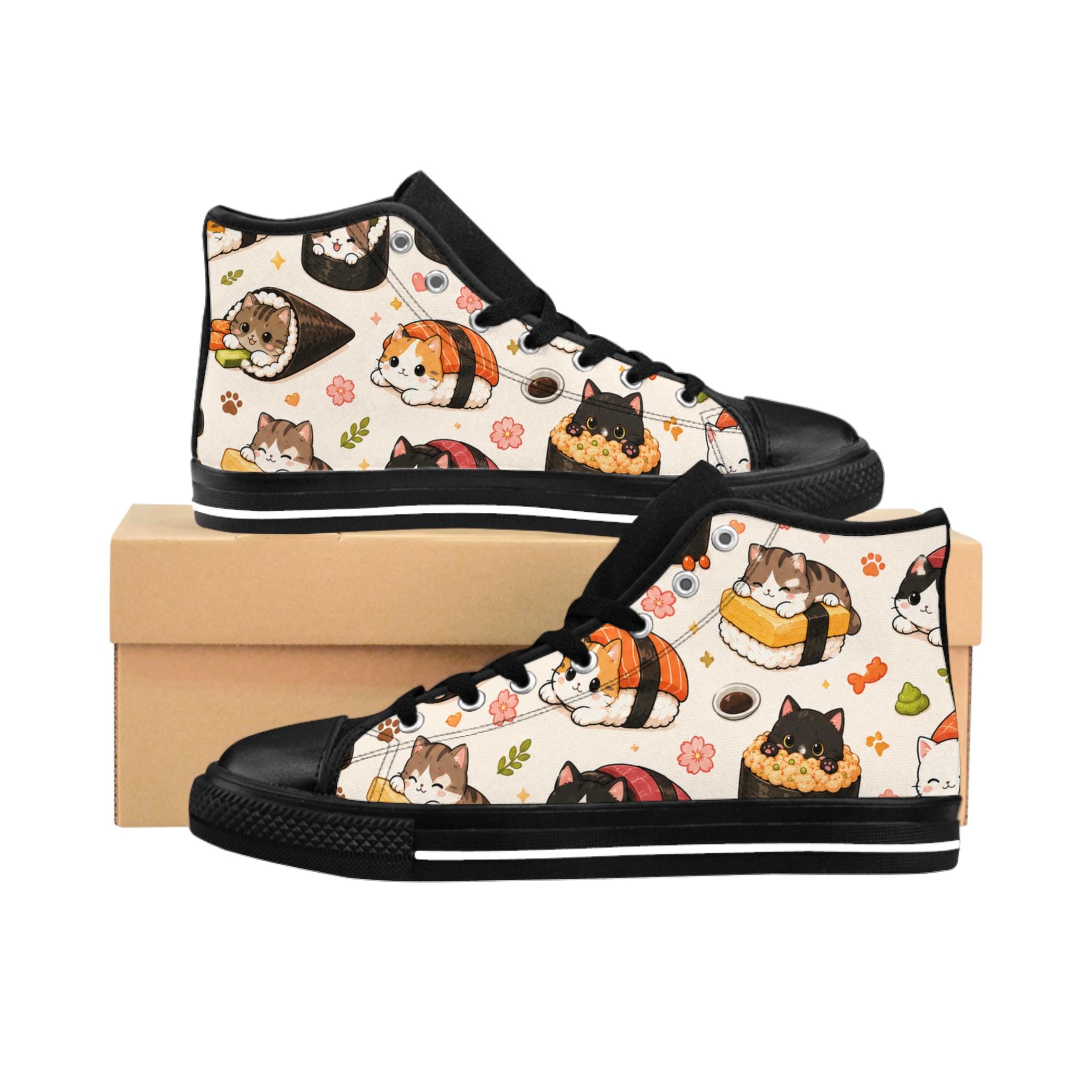 Cat Donut Pattern High-Top Sneakers, Cute Kawaii Kitty Casual Shoes