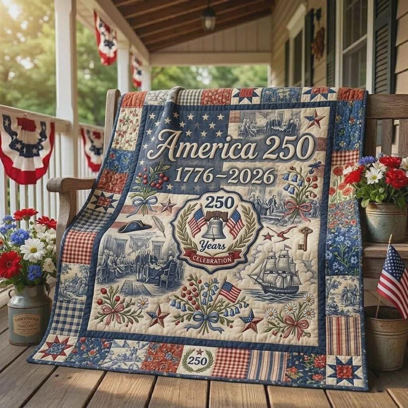 America 250 Quilted Blanket, Patriotic USA Throw, Fourth Of July Bedding, Americana Gift