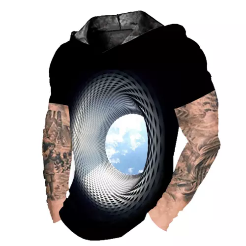 Men's Hoodie T Shirt Short Sleeve 3D Optical Illusion Black Soft LightWeight Tee