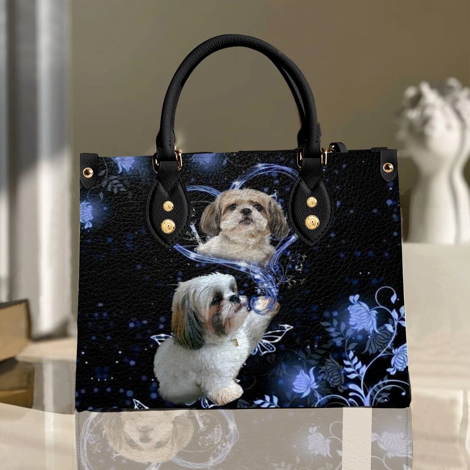 Personalized Shih Tzu Dog Vintage Leather Handbag, Lovely Dog Leather Handbag