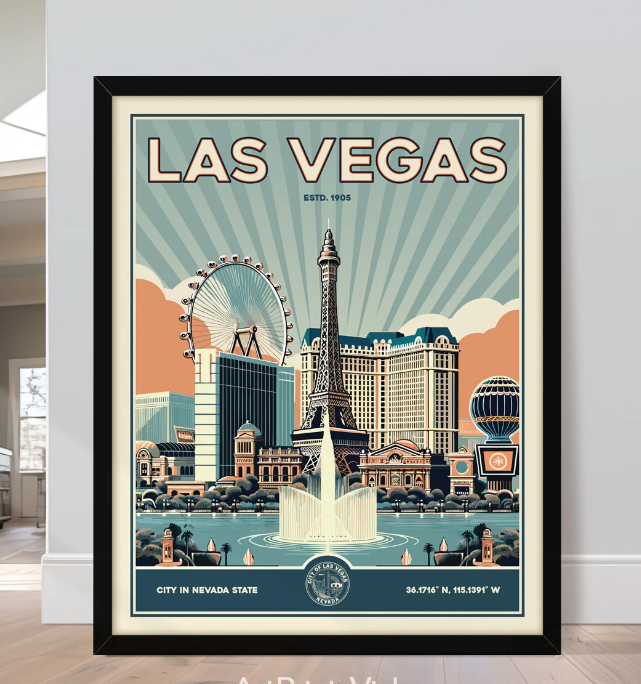 Las Vegas Art Print | Las Vegas Poster Skyline | Retro Decor for Home and Office | Personalised Gift