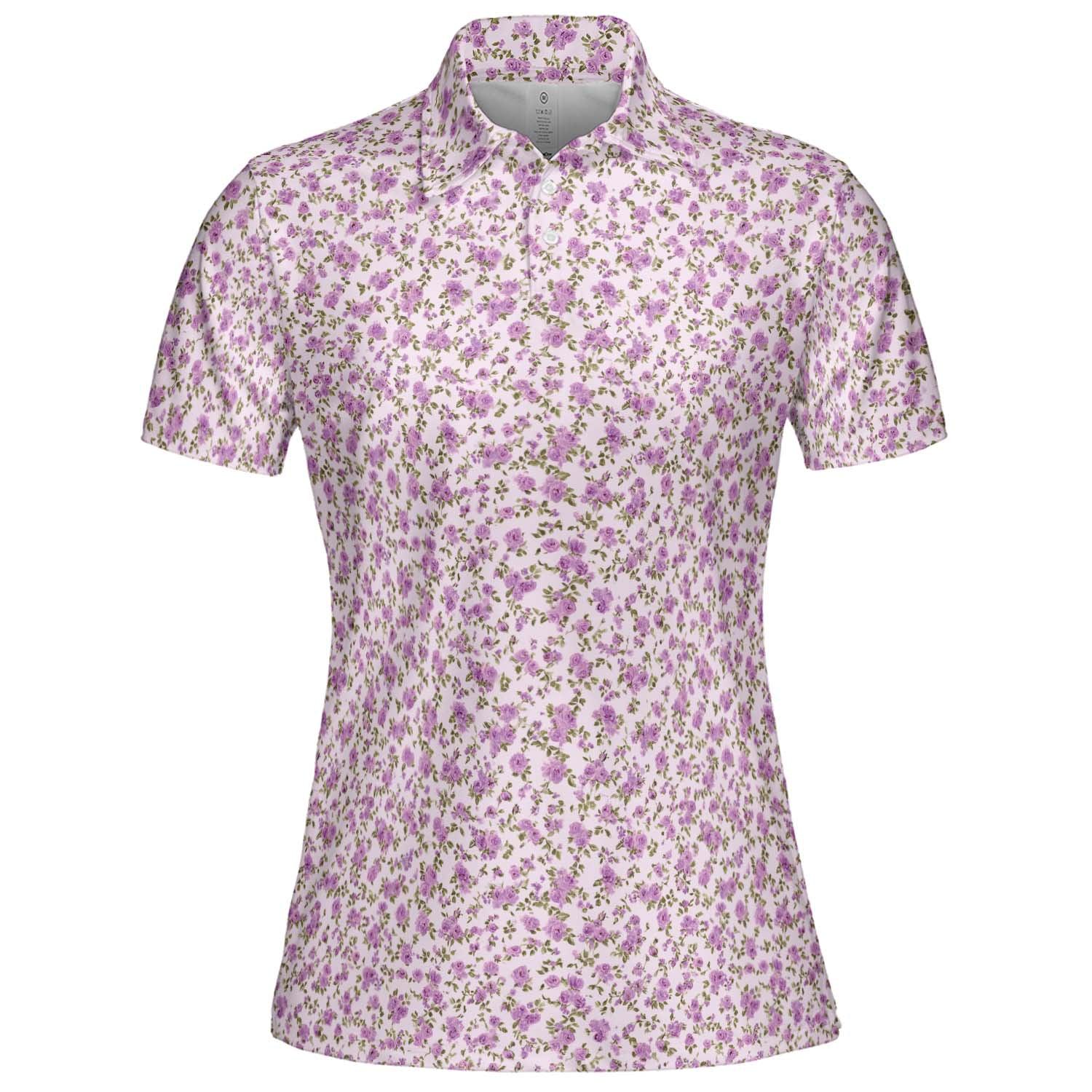 Lavender Floral Women's Polo Shirt, Light Purple Cottagecore Short Sleeve Golf Top for Spring Summer